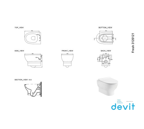 Унітаз підвісний Devit Fresh 3120121 безобідковий з сидінням slim, soft-close, quickfix Унітаз підвісний Devit Fresh 3120121 безобідковий з сидінням slim, soft-close, quickfix