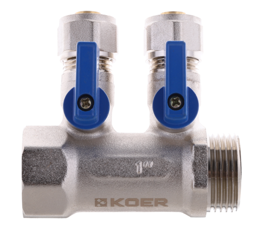 Колектор вентильний KOER KR.1126-2 - 1”x2 WAYS з куля. кранами та фітингом
