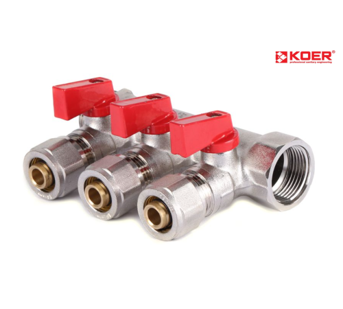 Колектор вентильний KOER KR.1126-3 - 1”x3 WAYS з куля. кранами та фітингом