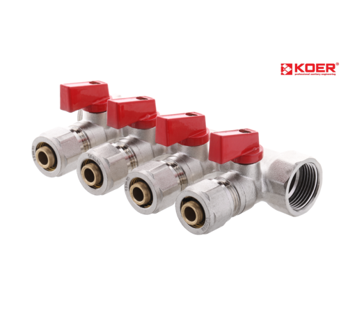 Колектор вентильний KOER KR.1126-4 - 1”x4 WAYS з куля. кранами та фітингом