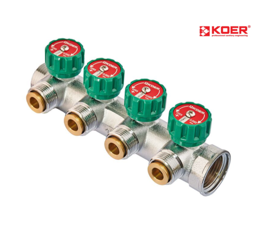 Колектор вентильний KOER KR.1127-4 - 1”x4 - 3/4 WAYS з адаптером (євроконус-площина)