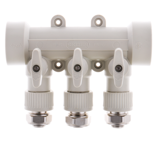 Колектор PPR KOER D40*20 на 3 виходи K0191.PRO з фітингом Колектор PPR KOER D40*20 на 3 виходи K0191.PRO з фітингом