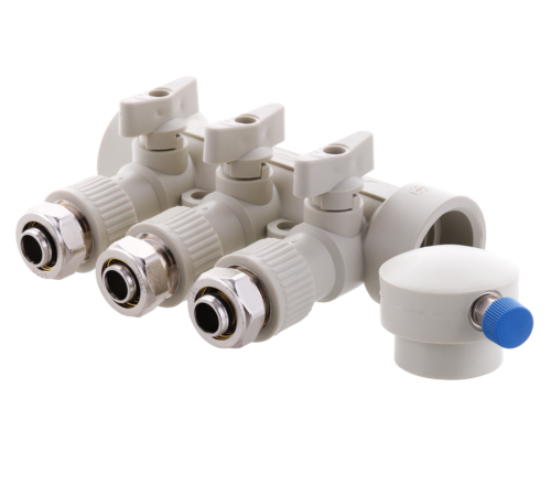 Колектор PPR KOER D40*20 на 3 виходи K0191.PRO з фітингом Колектор PPR KOER D40*20 на 3 виходи K0191.PRO з фітингом