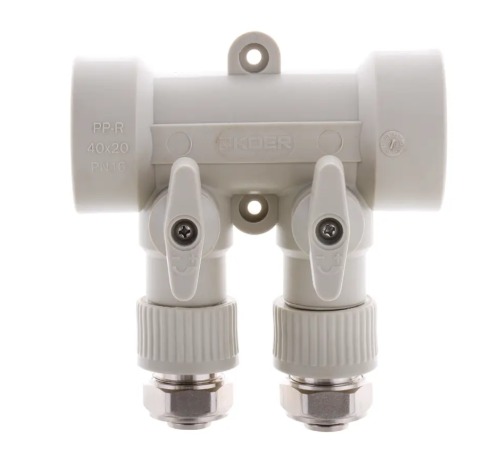 Колектор PPR KOER D40*20 на 2 виходи K0190.PRO з фітингом Колектор PPR KOER D40*20 на 2 виходи K0190.PRO з фітингом