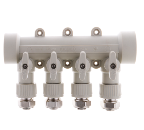 Колектор PPR KOER D40*20 на 4 виходи K0192.PRO з фітингом Колектор PPR KOER D40*20 на 4 виходи K0192.PRO з фітингом