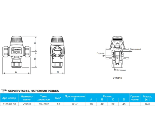 Триходовий змішувальний клапан ESBE VTA312 DN15 1/2" 35-60 С° (31050200) Триходовий змішувальний клапан ESBE VTA312 DN15 1/2" 35-60 С° (31050200)