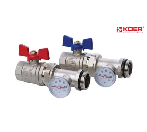 Кран с поджимной гайкой и термометром прямой KOER KR.1030 - 1" Кран с поджимной гайкой и термометром прямой KOER KR.1030 - 1"